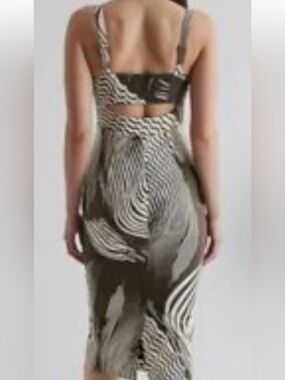 Express Olive and Black Wave-Print Midi Dress